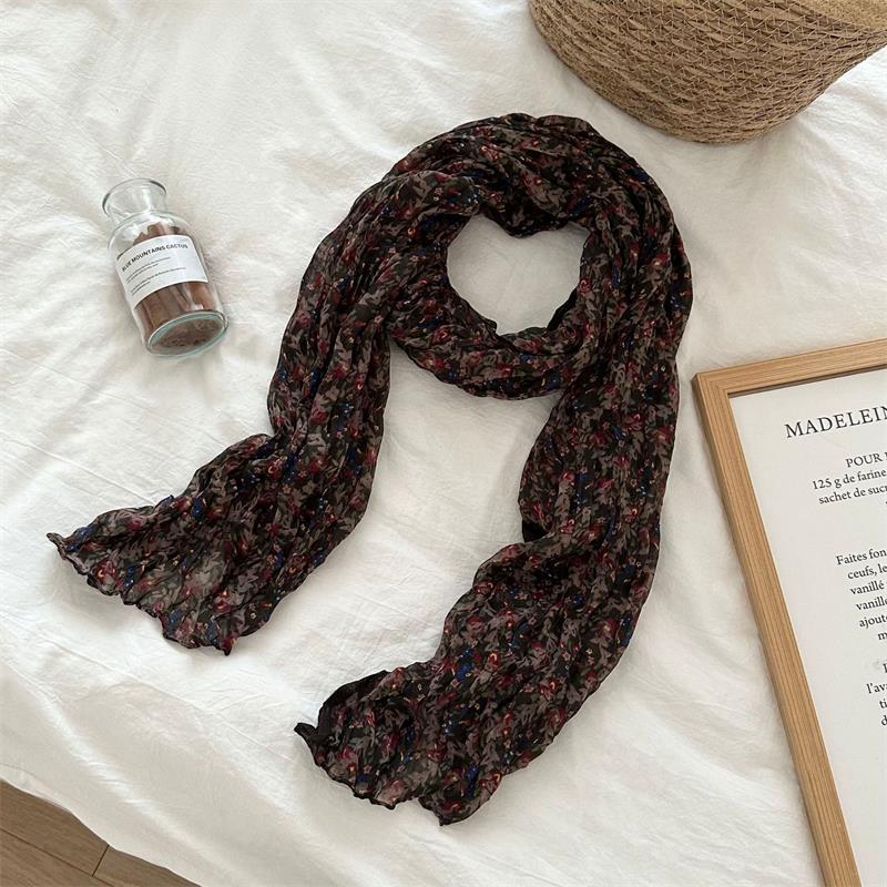 Retro Ethnic Style Warm Cold-Proof Scarf Women Floral Crumpled Silk Cotton Linen Scarf Long Folds Shawl  Headscarf Gifts