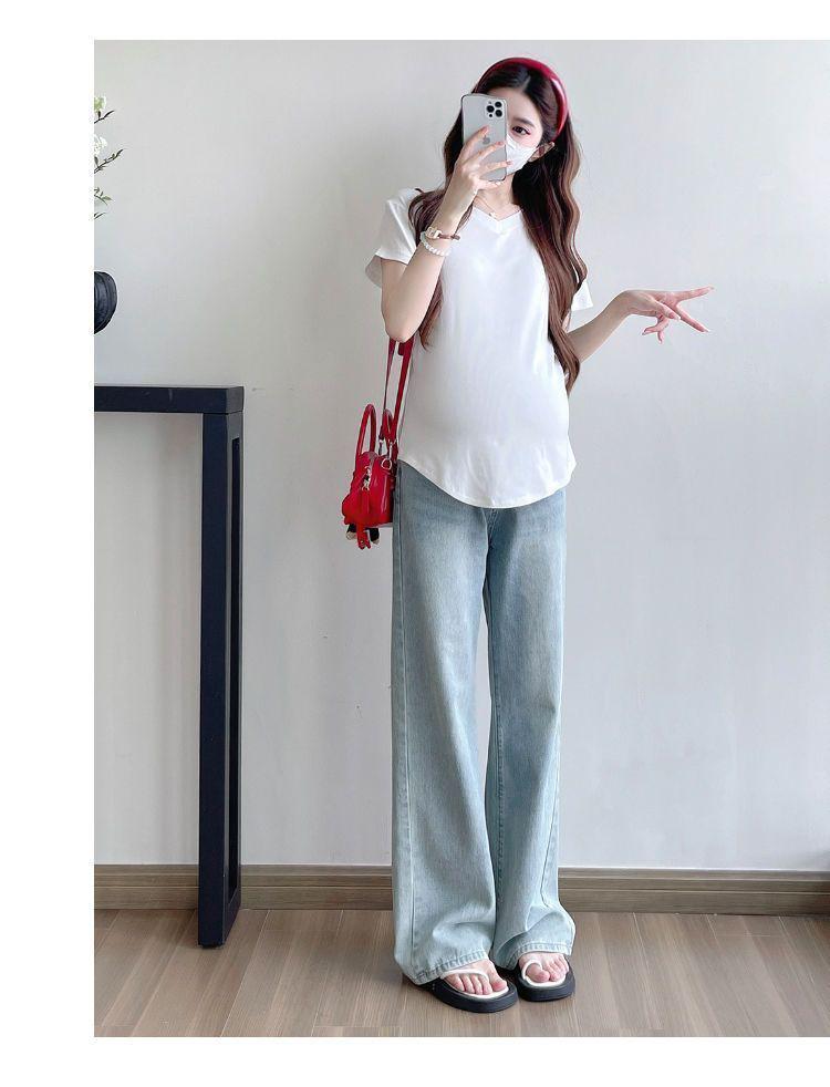 Maternity V-Neck Short Sleeve Pleated T-Shirt - Loose Fit, Belly-Covering, Solid Color, Summer Style