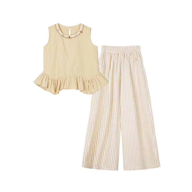 Girls' Ruffle Top & Striped Wide-Leg Pants Set