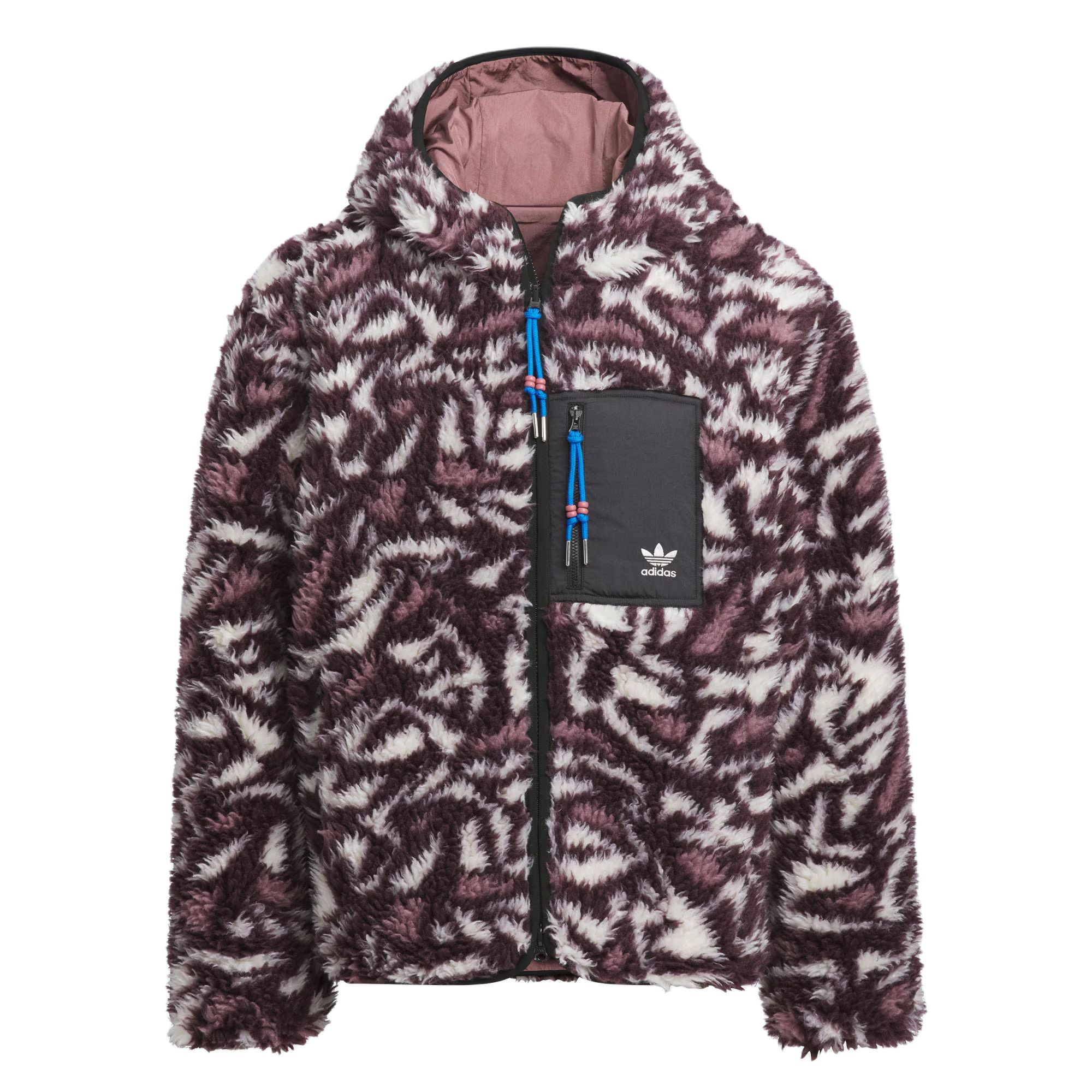 Adidas Originals Reversible Allover Print Fleece Zip-Up Hooded Jacket, Unisex Dark Purple Mysterious Oxidized Red JD6368 XS