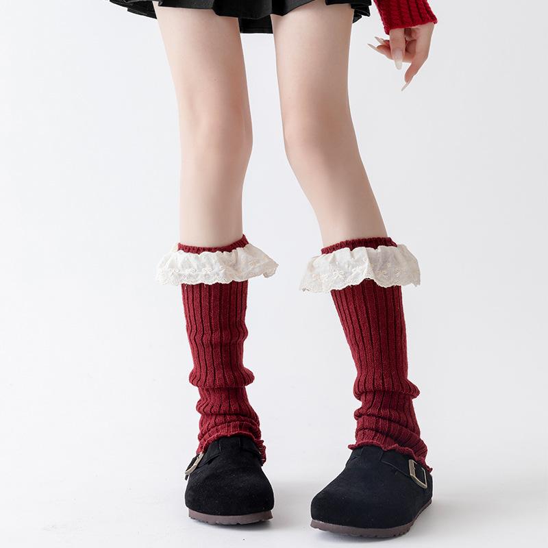

Women s Autumn Winter Red Leg Warmer Lolita Lace Frilly Heap Sock JK Knitted Foot Cover Arm Warmer Christmas New Year Boot Cuffs