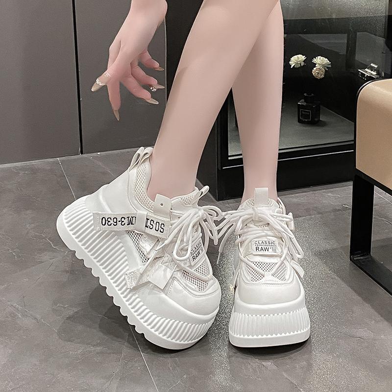 Fashion Women's Dad Shoes 8cm Height Increase Spring Summer New Style Lace Breathable Platform Thick Bottom Net Surface White Shoes