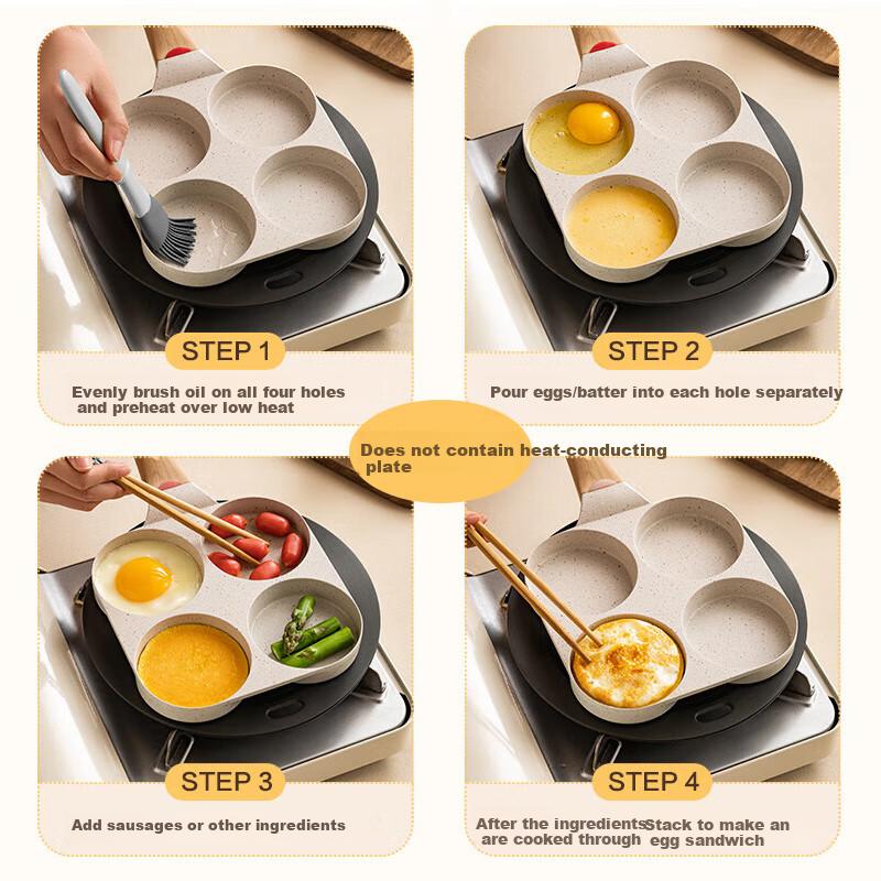 ASD Non-Stick Frying Pan, Four-Hole Egg Pan, Maifanite Color Breakfast Burger Pan, 18CM Compatible with Induction Cooker K5