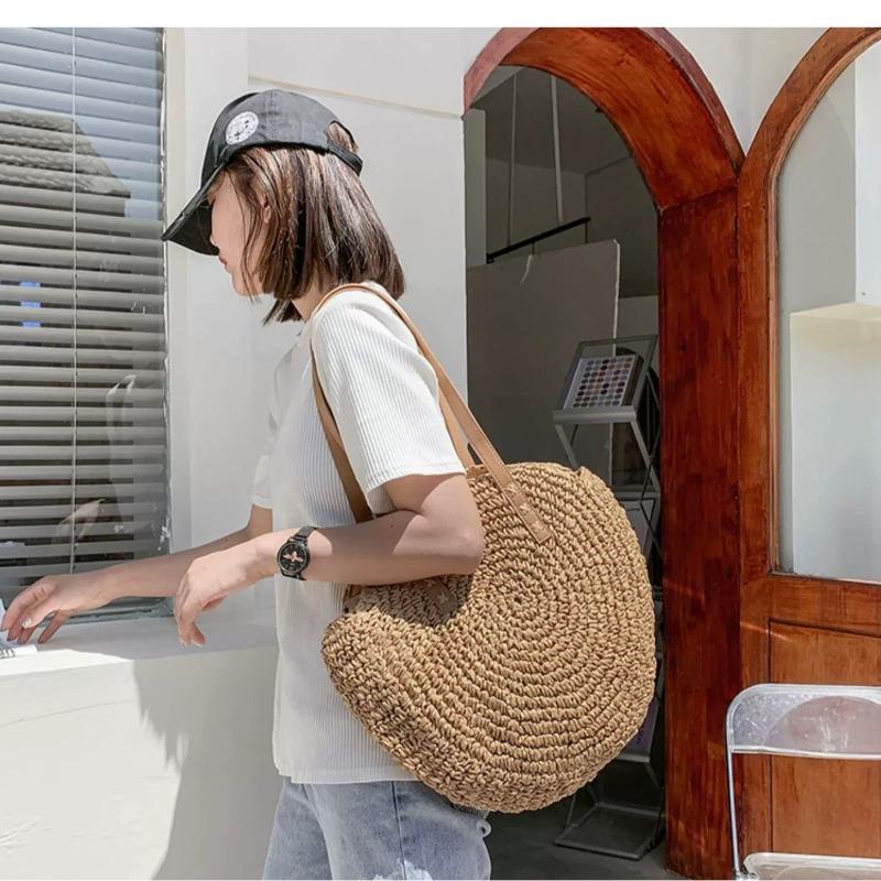 Single Shoulder Round Straw Bag Straw Bag New Hand-woven Bag Women's Large-capacity Casual Women's Bag Vacation Beach Bag