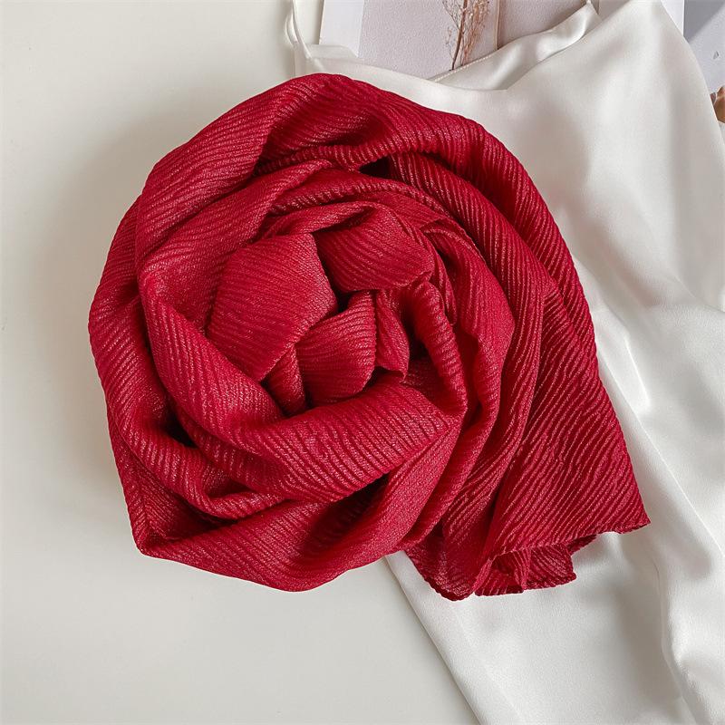 Japanese Pleated Solid Color Cotton and Linen Scarf for Women Retro Literary Travel Sun Protection Soft Gauze Shawl Contrasting Edge Scarf