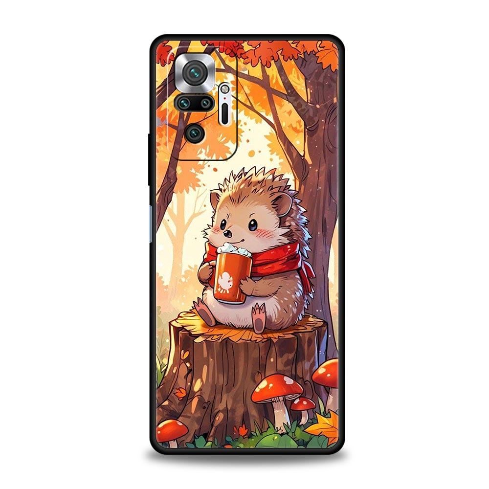 Autumn Cute Hedgehog Design Phone Case For Xiaomi Redmi Note 14 13 5G 10 11 12 Pro Plus 4G 14C 13C 12C 10C Black Cover