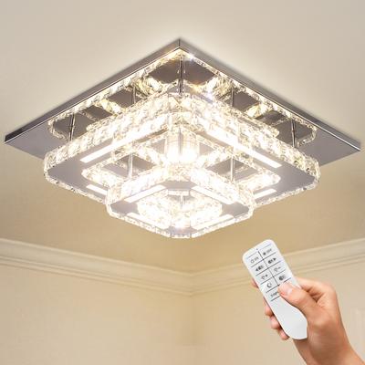 Modern 2-Layer Square K9 Crystal LED Ceiling Light Dimmable with Remote Control for Home Office