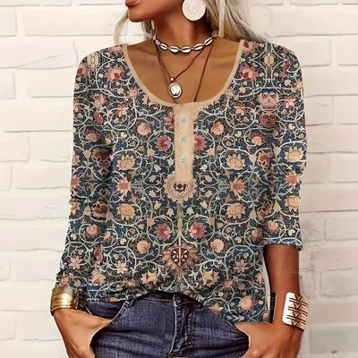 Damen T-Shirt Herbstmode Sexy V-Ausschnitt Oberteile Lässig Ethnischer Stil Bedruckt Knopf Groß Damen T-Shirt