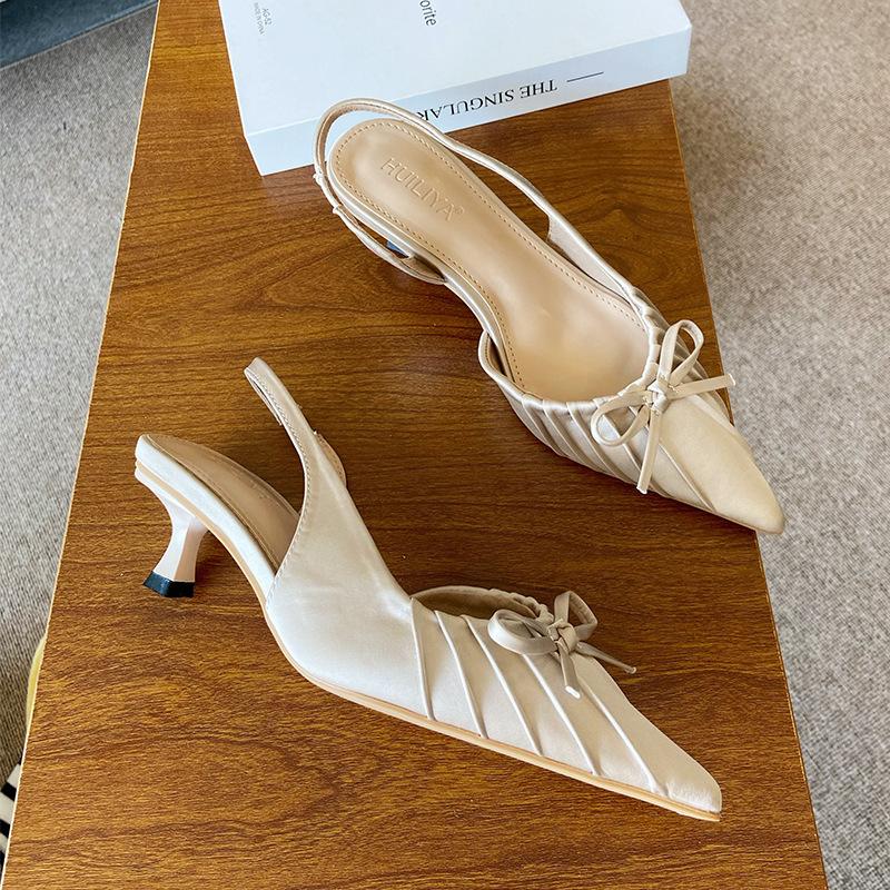 

French pointed back empty stiletto bag head sandals 2025 women s new summer bow word high heels 39 абрикосовый