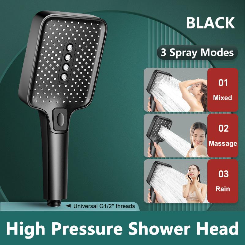 High Pressure Water Saving Chrome ABS Plastic Adjustable Shower Head Large Panel 3 Spray Modes Bathroom Faucet Accessories (Black,ABS Plastic+Silicone) чёрный
