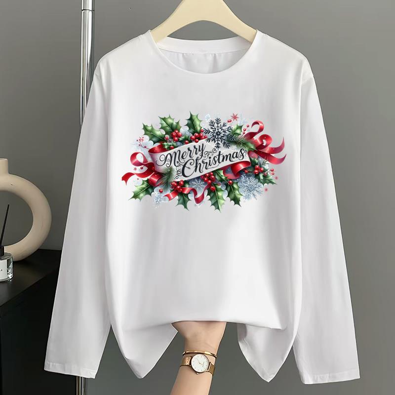 (Asian Size) Women Autumn Winter Letter Sweet 90s Print T Shirt Christmas Holiday Graphic Tee Casual Fashion Top Clothing Long Sleeve T-shirts