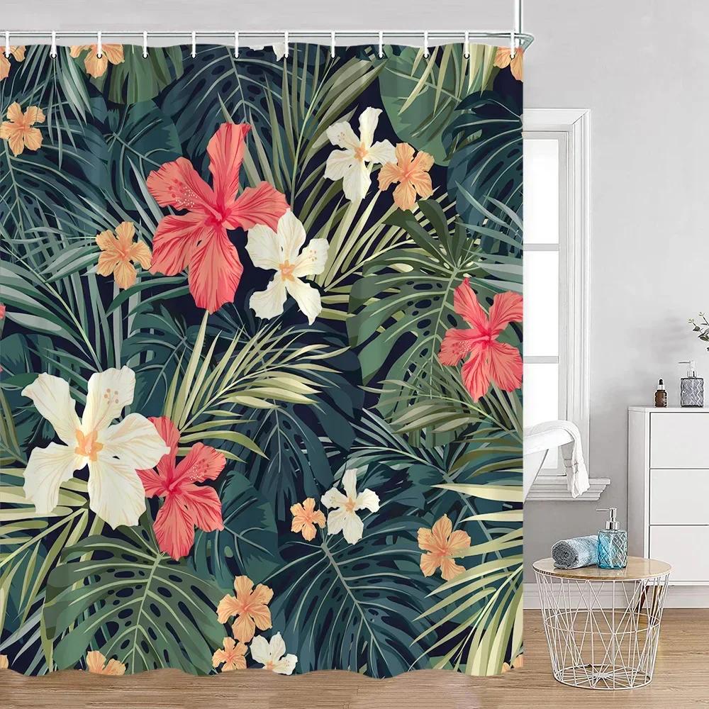 Tropical Leaves Shower Curtain Green Leaf Palm Flower Flower Bathroom Curtain Green Plant Bathroom Decoration with Hook