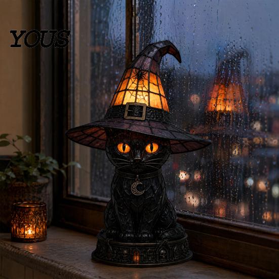 Lampada d'accento per libreria Gatto Strega di Halloween Luce Notturna, Tavolino in Resina con Cappello Caldo Luminoso, Decorazione per la Casa Gotica per Scaffale della Camera da Letto, Regalo Spettrale Atmosferico