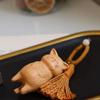 Cartoon Animal Wooden Carved Cat Keychain Weave Rope Carved Cat Keyring  Gifts