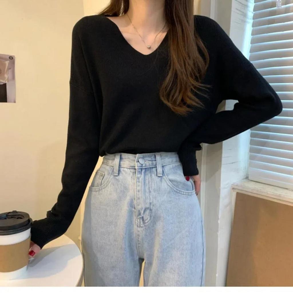 Pullocardi Ribbed Knit Sweater in Pure Long Sleeve Pullover with Button Loose Stylish Black Women's V-Neck Color, Cuffs, Fit,