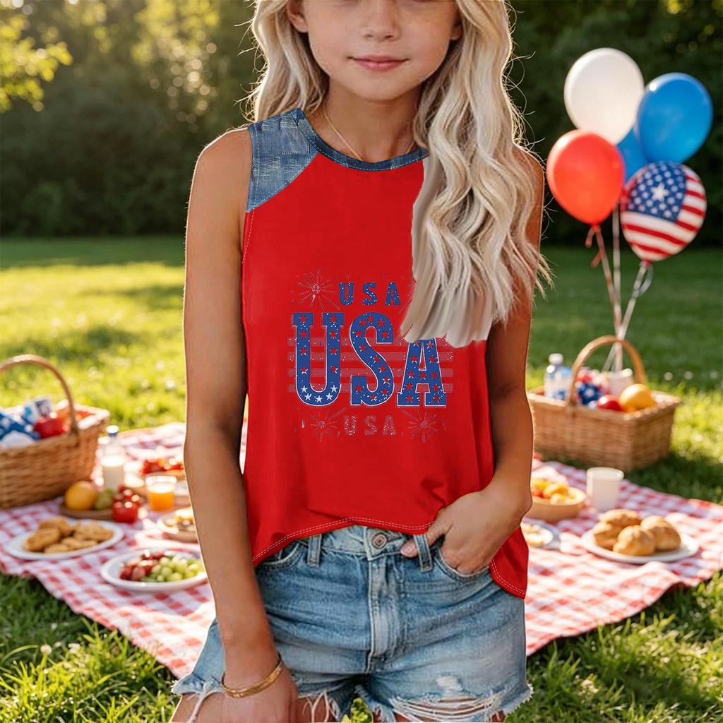 Girls Sleeveless Loose Fit Tank Top Independence Day Firework Print Round Neck Denim Patchwork T Shirt Summer Casual Tee