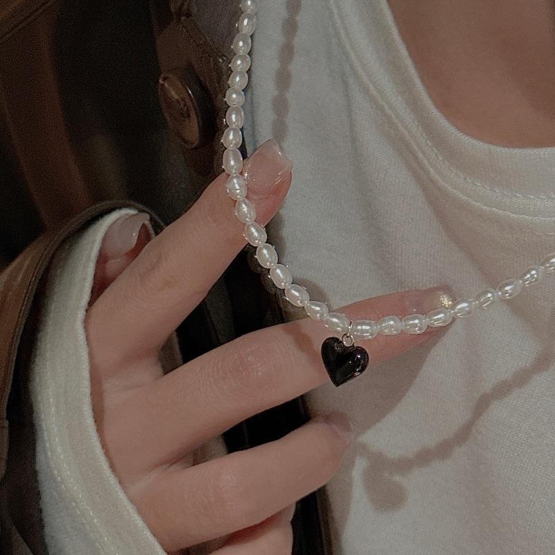 S925 Sterling Silver Niche Design Sense Retro Love Pearl Necklace Korean Style Simple Collarbone Chain