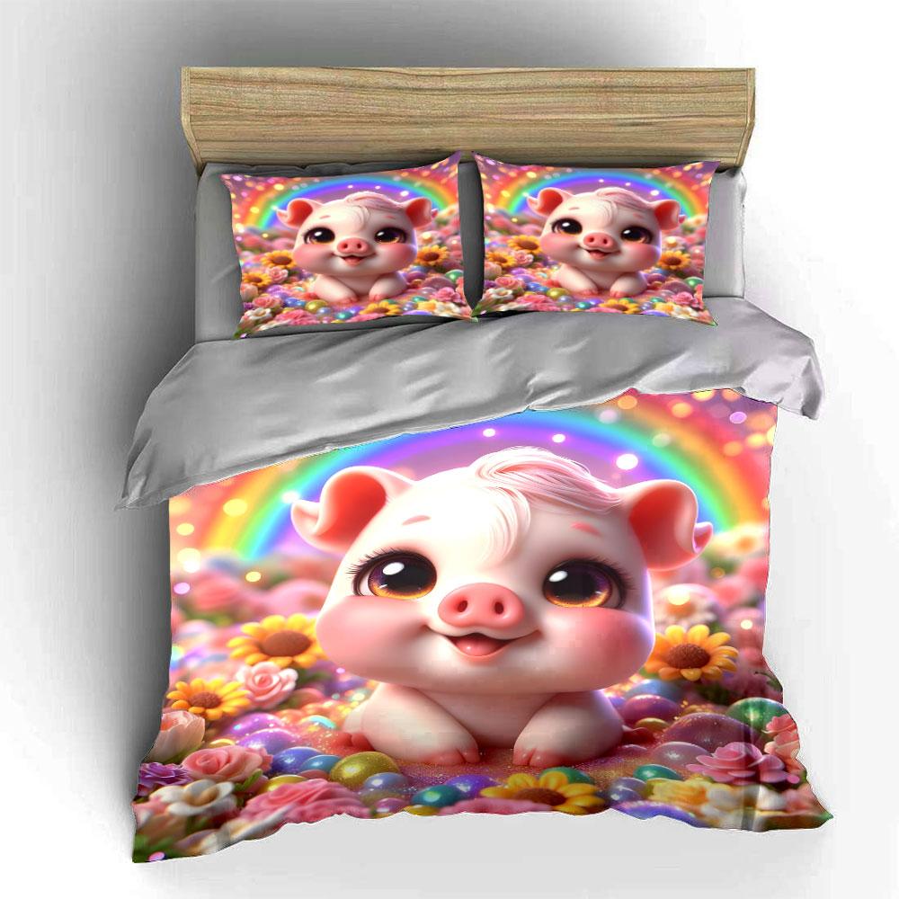 Cute Piglet In A Rainbow Flower Field Duvet Cover Set With 3D Printing Design Soft Polyester Bedding Set All-Season Comfort