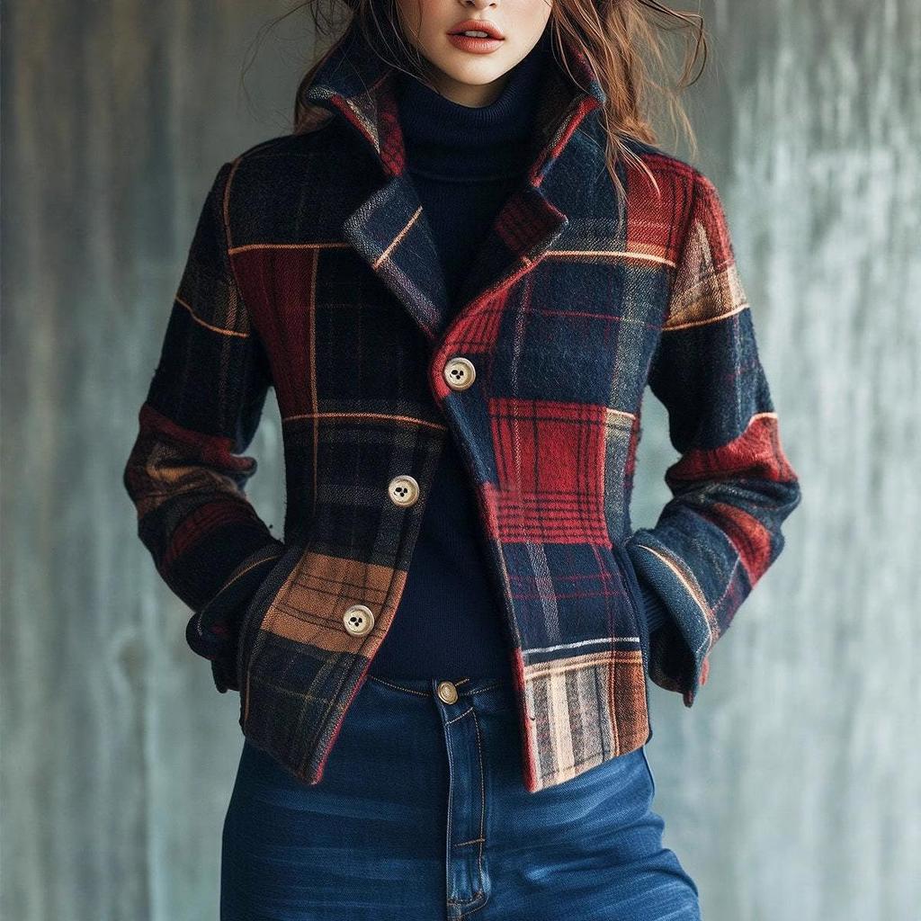 2025 Women's Plaid Retro Warm Coat - Autumn/Winter Stand-Up Collar Patchwork Blazer