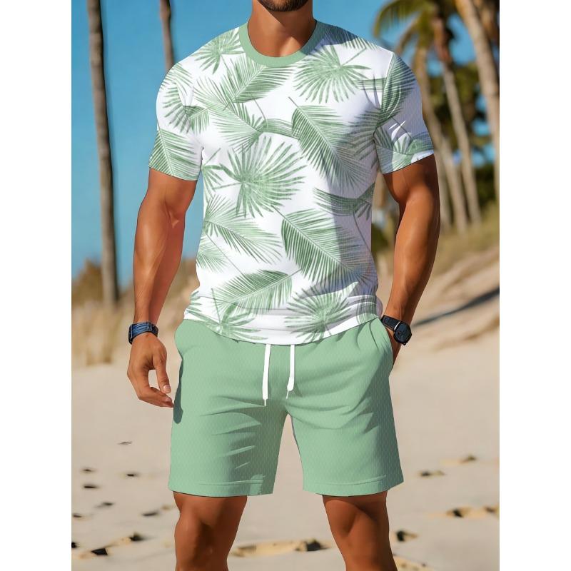Men's Sports Short Sleeve Top Shorts Set Plus Size Breathable Basketball Sports Clothing Palm leaf Print T-shirt Shorts 2-piece Set