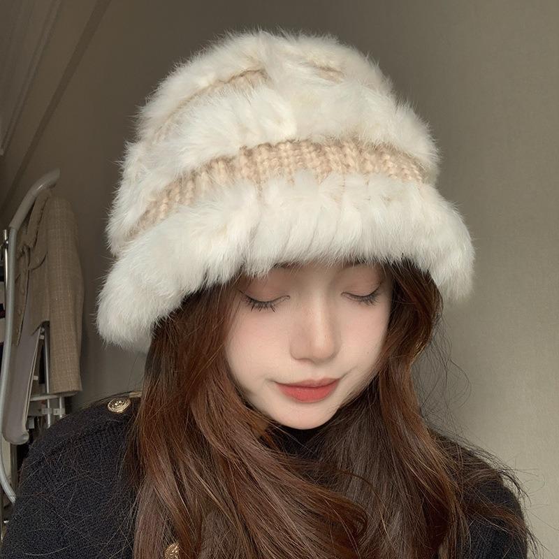 Rabbit hair knitted hat children's autumn and winter new big head circumference ear protector wool hat loose thickened warm fisherman basin hat tide