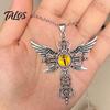 Personalized Dark Style Accessory Devil Eye Pendant Necklace, Gothic Winged Religious Charm Detailed Metal Engraving Statement Vintage Punk