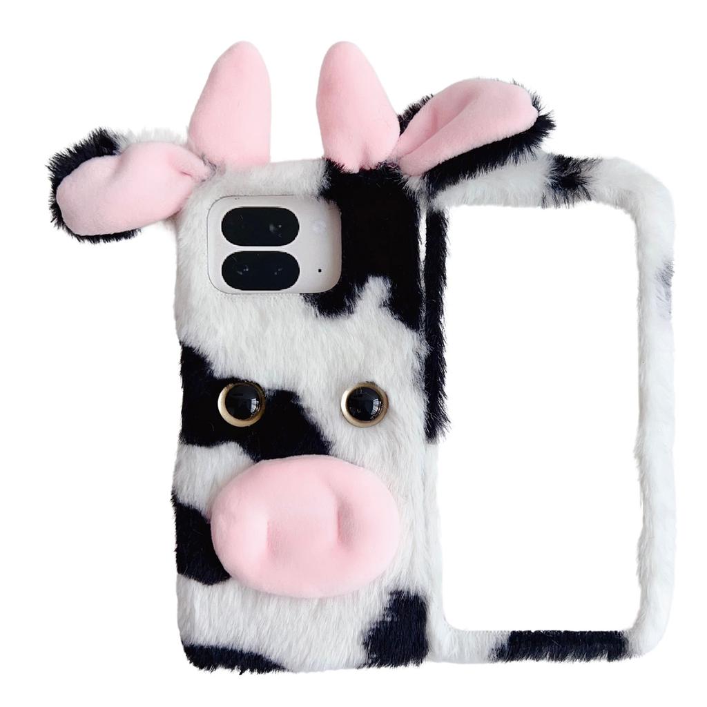 For Google Pixel 9 Pro Fold 5G Case Fluffy Cute Cow Winter Plush Inner TPU Phone Cover