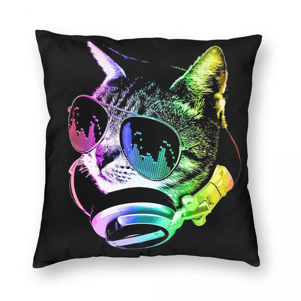 Rainbow Music Cat Square Pillowcase Polyester Linen Velvet Pattern Zip Decor Home Cushion Cover