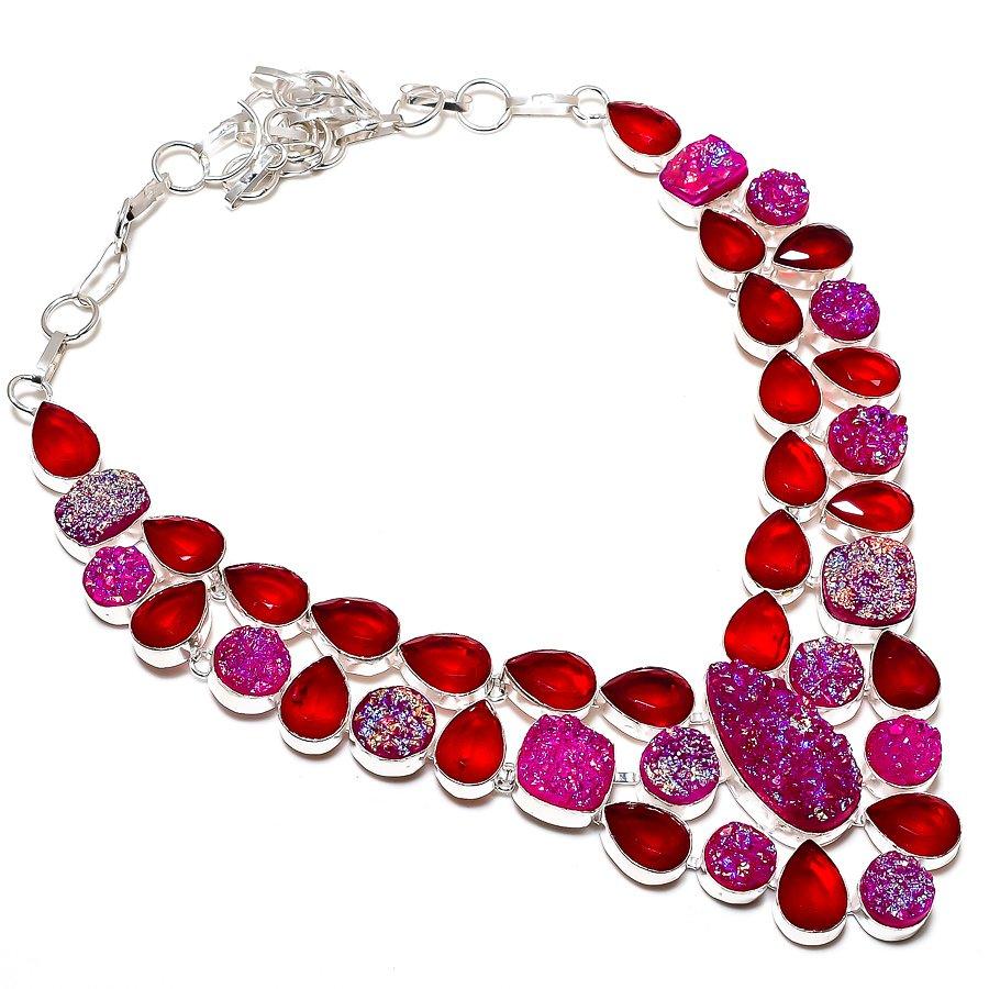 Pink Titanium Druzy, Garnet 925 Sterling Silver Jewelry Necklace 18" SU-9802
