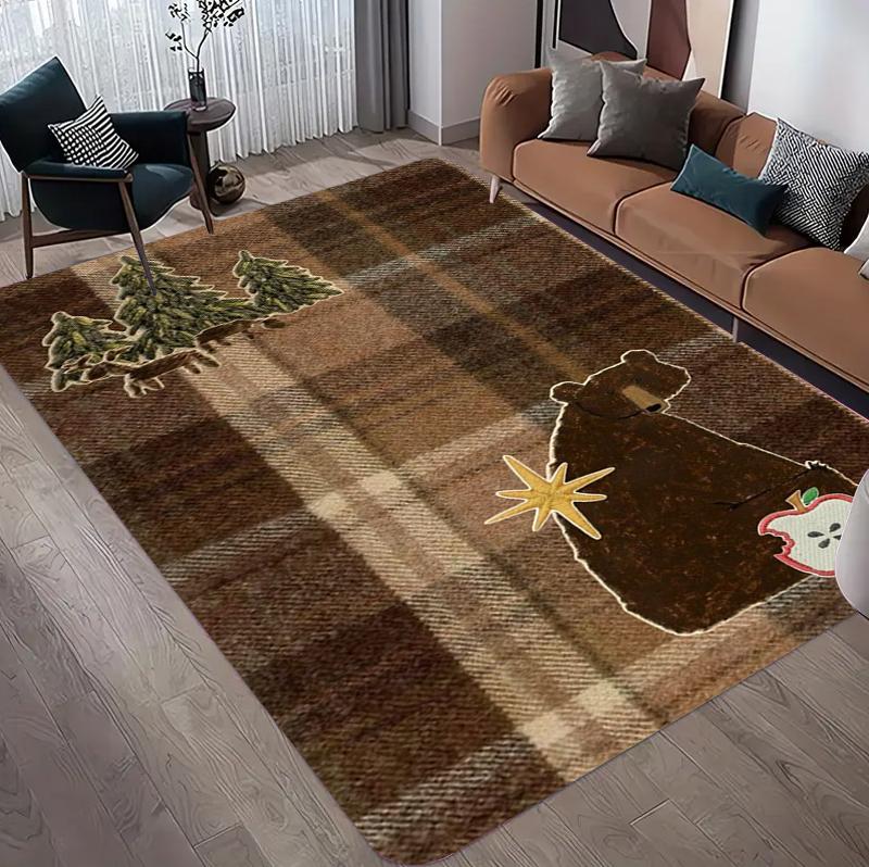 Nordischer karierter Teppich Braunbär Kaffeemuster Campingteppich Rutschfest Waschbarer Fußbodenmatte für Schlafzimmer Wohnung Fußabtreter Retro