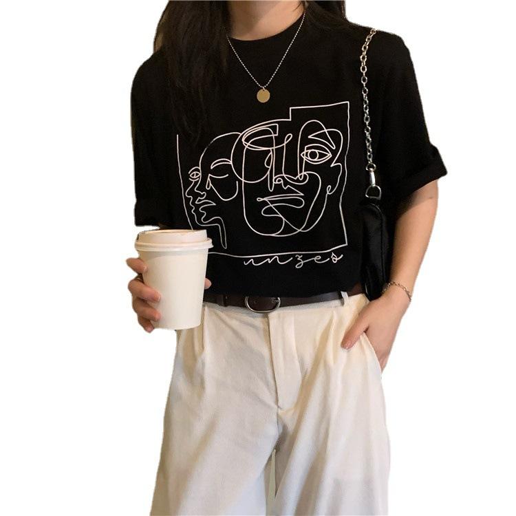 Summer New Ins Retro Loose and Versatile Line Printed Short-sleeved T-shirt Women's Inner Crew Neck Bottoming Shirt Tide
