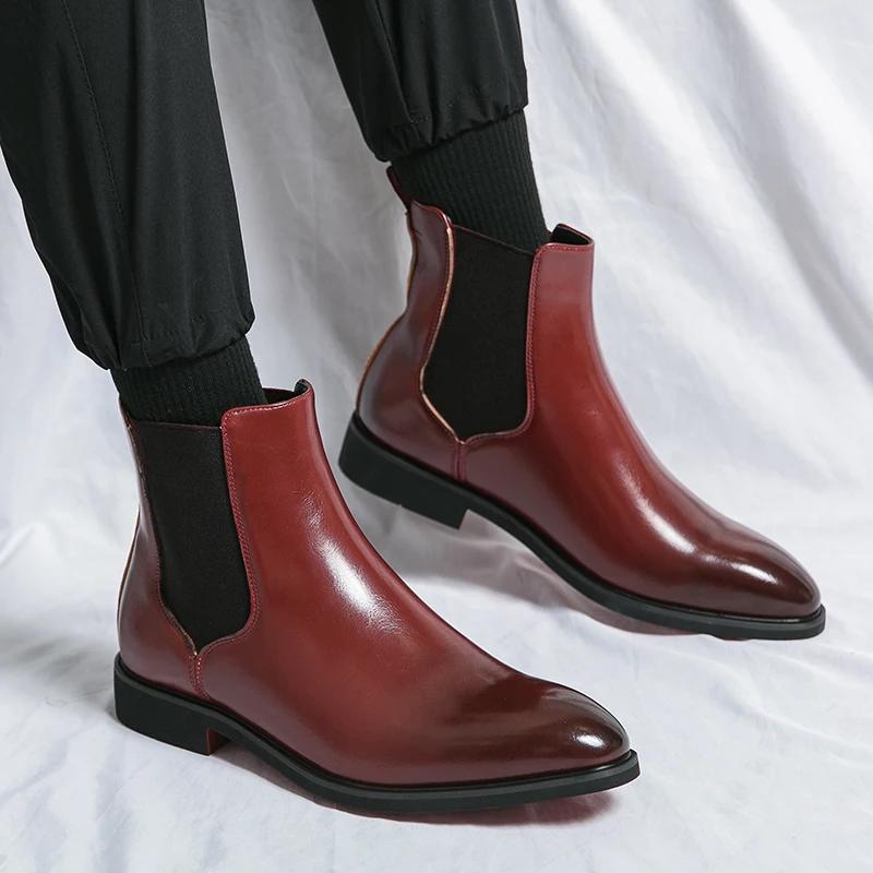 New Red Sole Chelsea Boots for Men Black Square Toe Business Handmade Men Short Boots  Botas De Hombre Men Boots