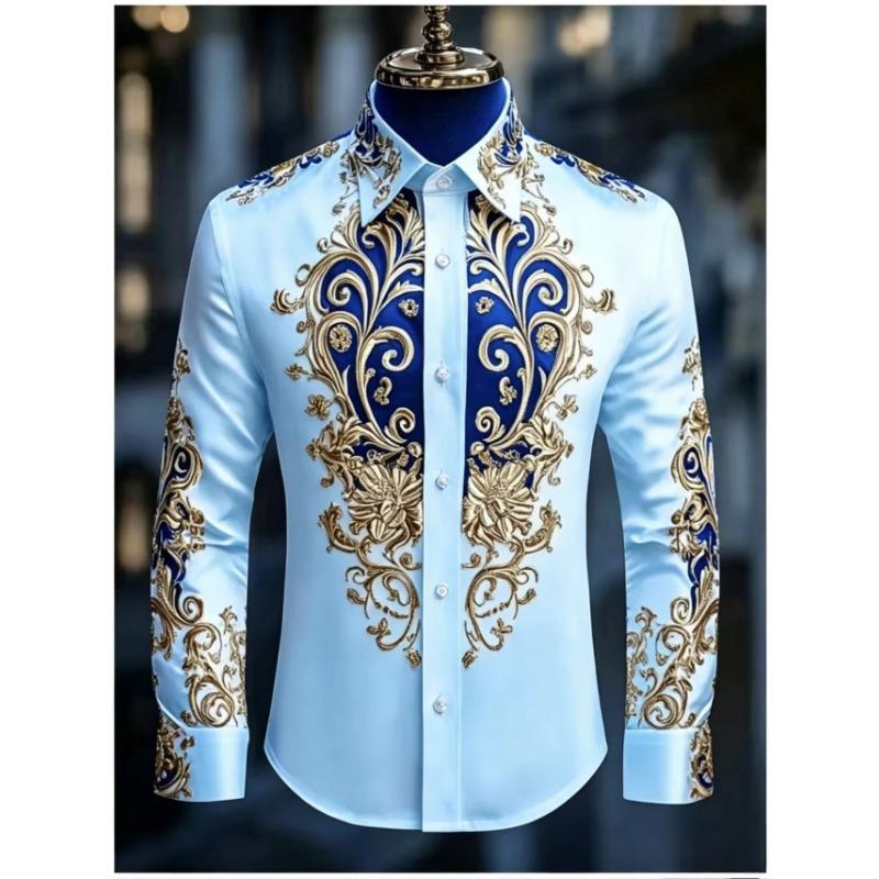 Men's Luxury Long Sleeved Shirt, Baroque Gold Floral 3D Printed Shirt, Casual and Comfortable, Men's Formal Dress Shirt