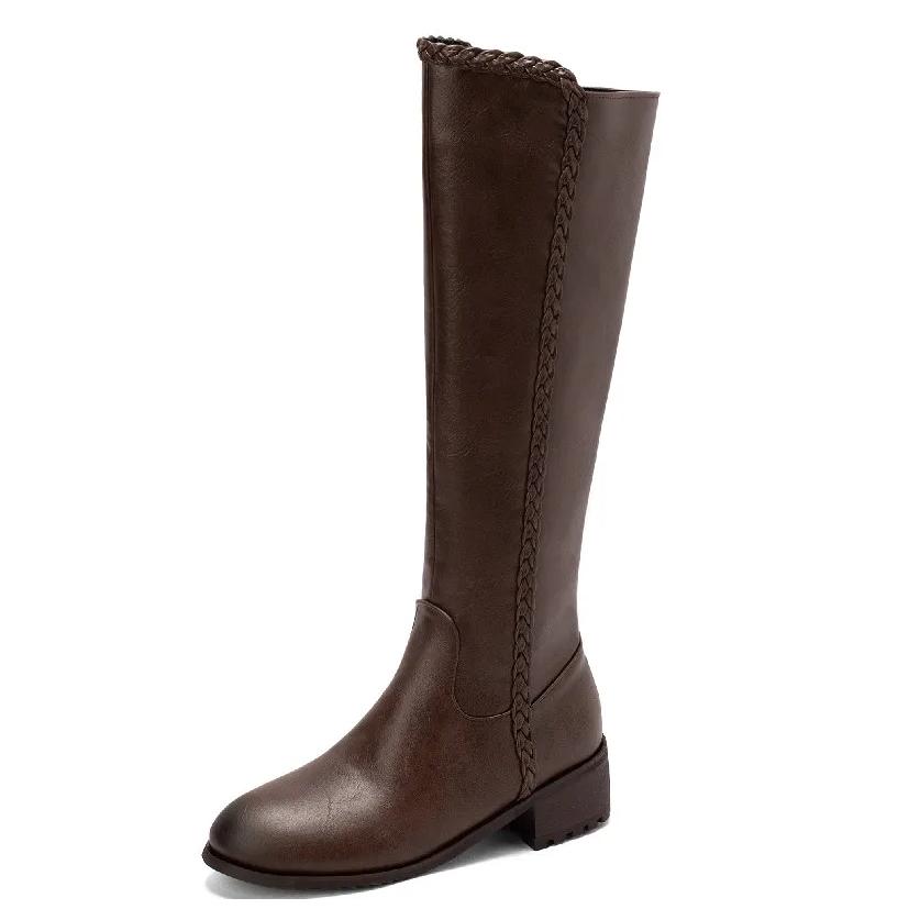 

Модные винтажные сапоги до колена, женские сексуальные высокие сапоги для женщин, осень-зима, черные, коричневые, на низком каблуке, женская обувь для верховой езды, большой размер 45 48 39