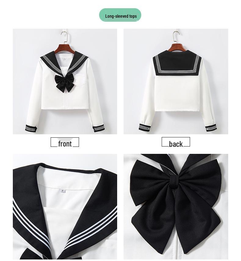 After-Sales Black Collar White JK Sailor Suit Set with Pleated Skirt