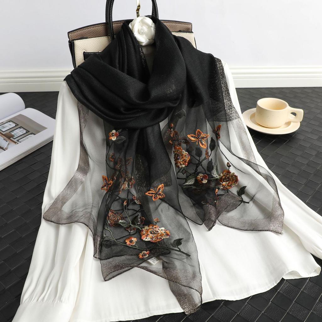 Lady Floral Embroidery Silk Wool Scarf Luxury Plaid Women Hijab Female Beach Stoles Shawl Wrap Headbands Scarves Bandana