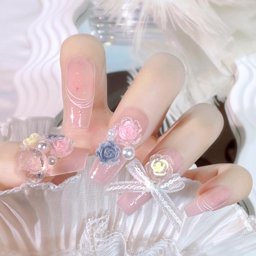 24Pcs Mid Length Coffin Press On Nails White Ribbon Bow Rhinestone French Fake Nails Gentle False Nail Tips
