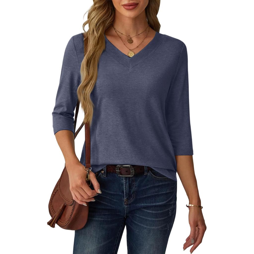 Women's Casual Loose Fit V Neck Pullover Top Three Quarter Sleeve Lightweight Blouse for Everyday Wear