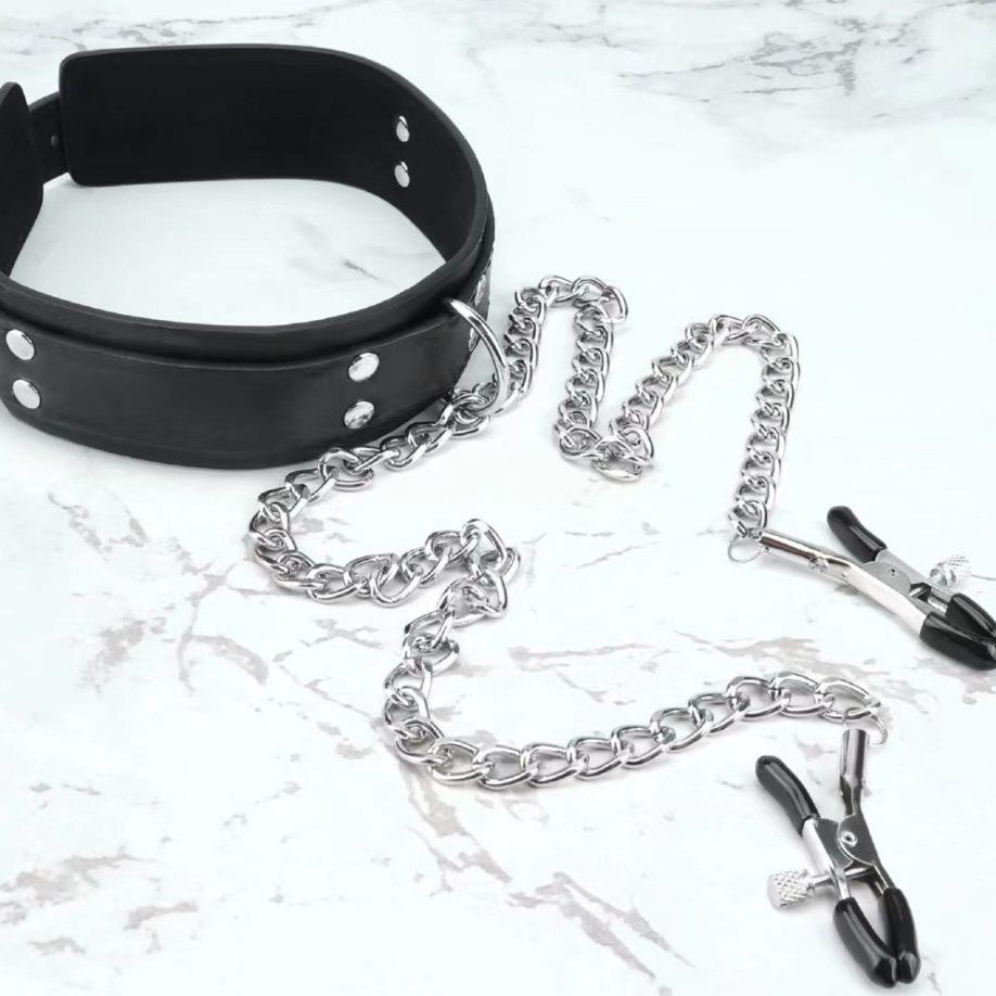 Women's Erotic Nipple Clamps and PU Choker with Iron Chain Restraint Set