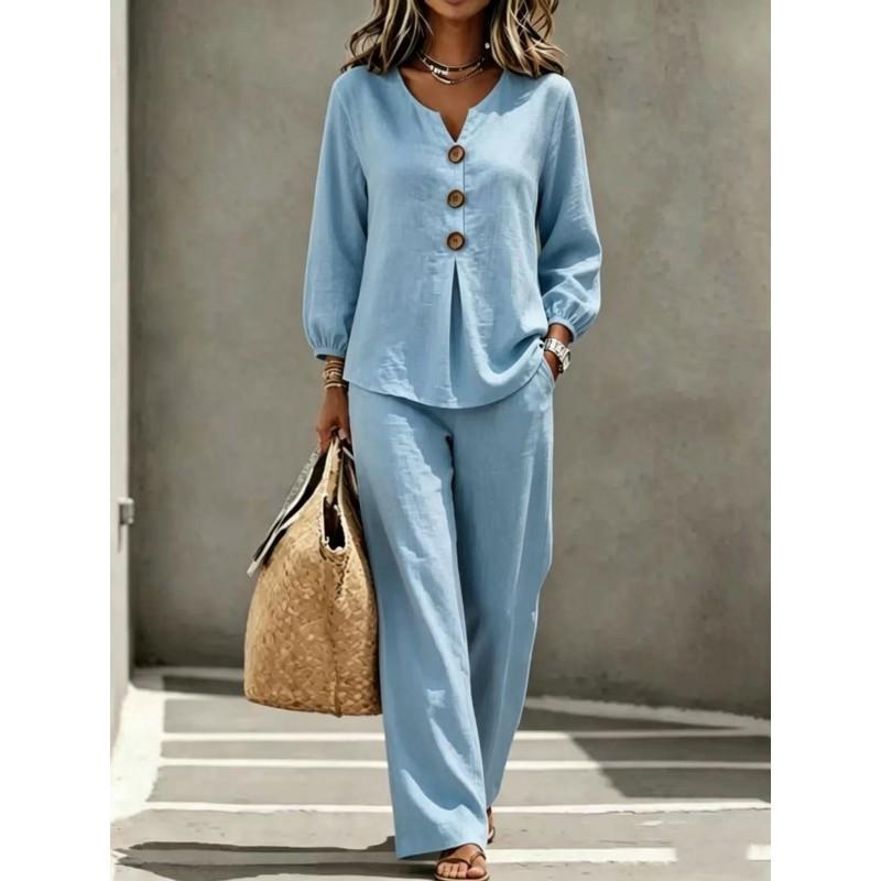 Womens Casual V-Neck Button-Up Lantern Sleeve Top Wide-Leg Pants 2-Piece Set Cotton Linen Blend