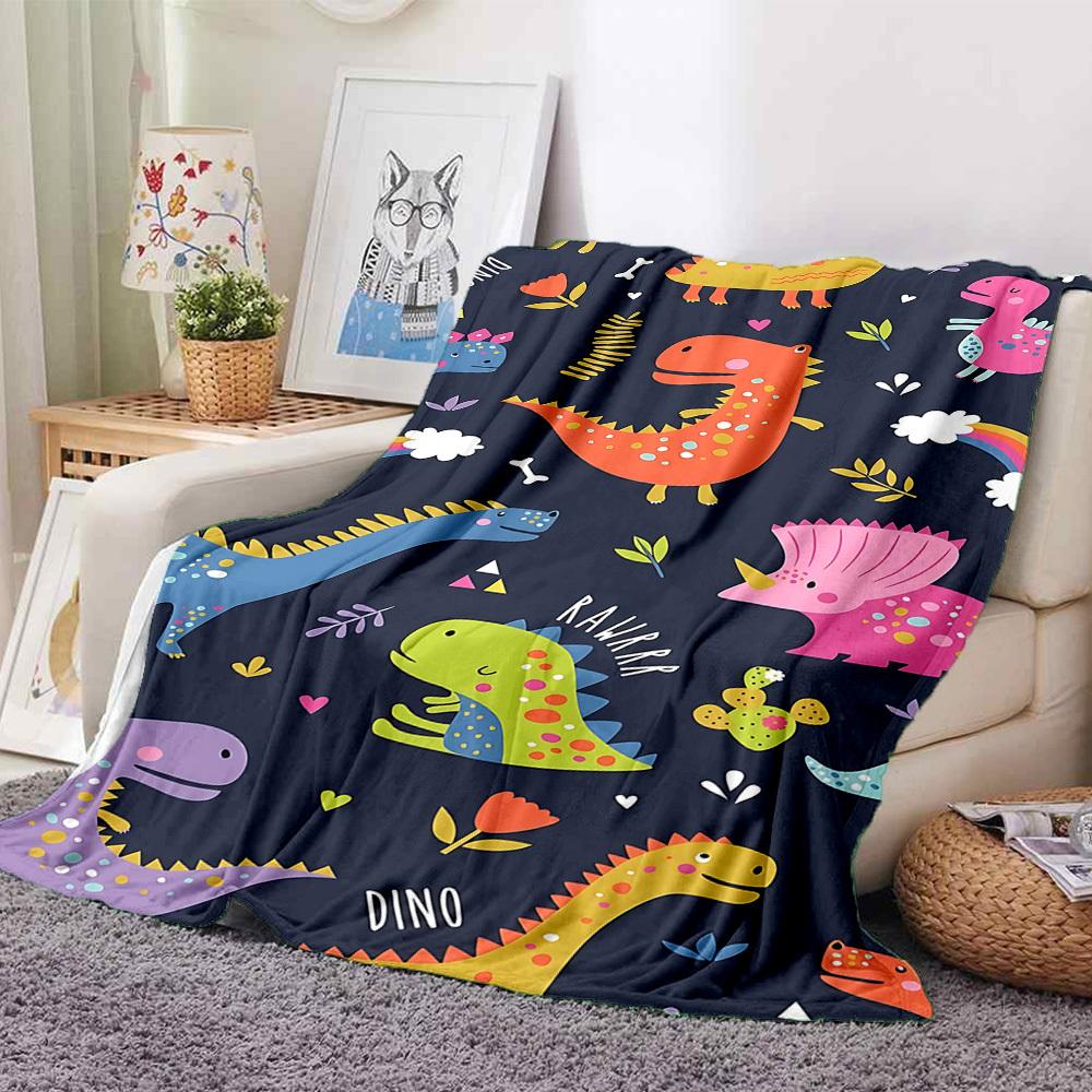 1pc Dino Rainbow Blanket, Lightweight Flannel Throw Blanket For Sofa, Bed, Travel, Camping, Living Room, Office, Couch, Chair, And Bed