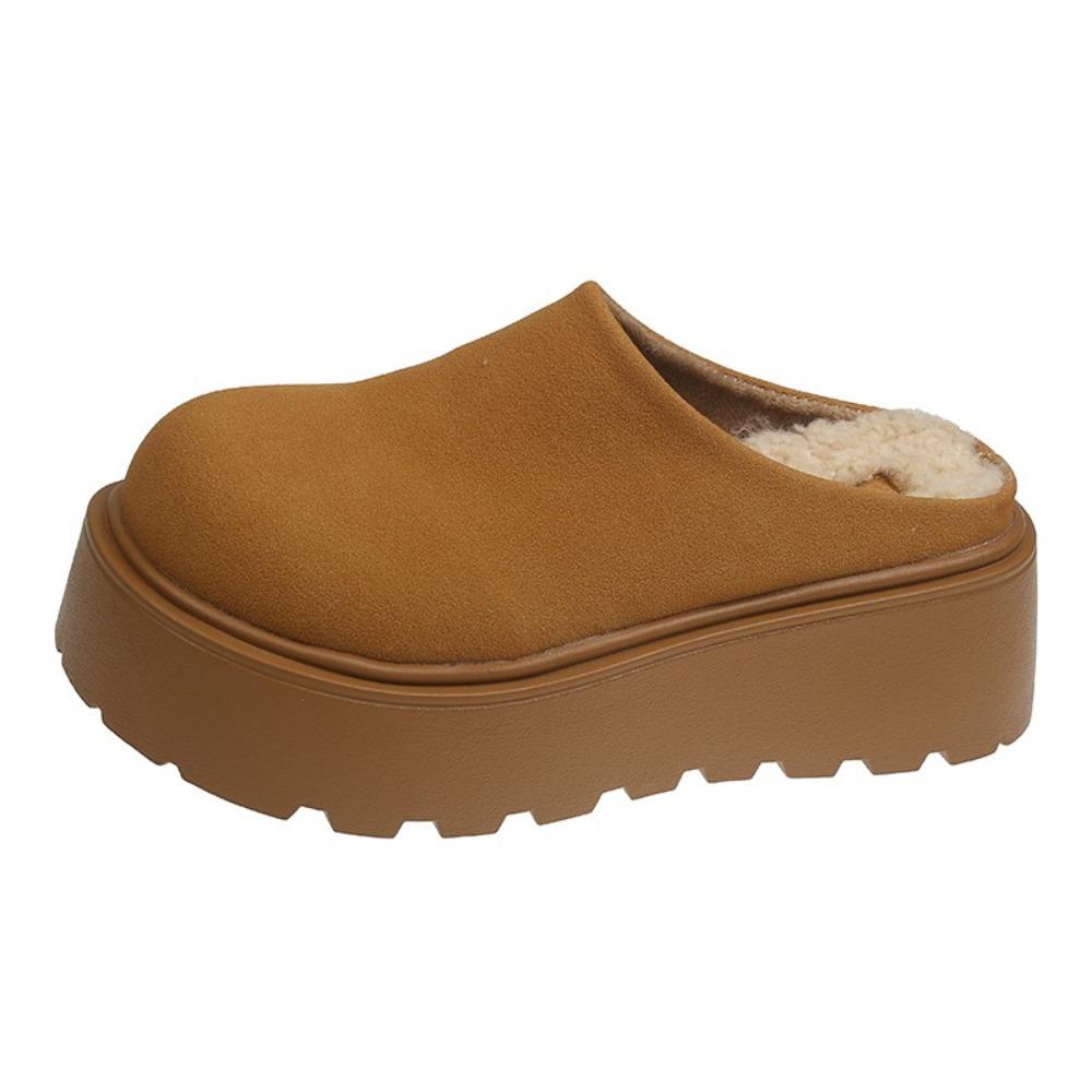 Women Fur Platform Half Slippers Woman Retro Suede Warm Shoes Autumn New Outdoor Design Thick-bottom Increase Cotton Slippers
