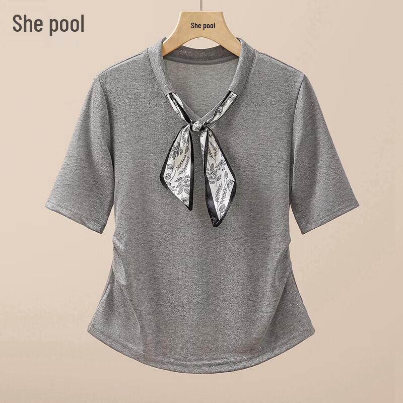 Women s V-Neck Pleated Ice Silk T-Shirt L
