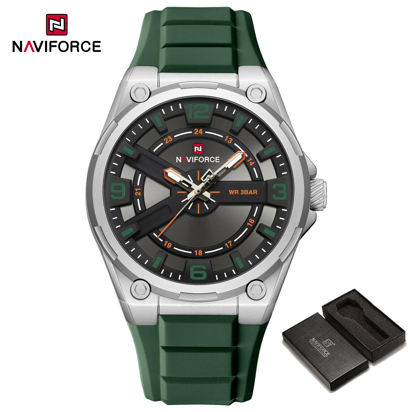 

Naviforce Оригинальные мужские кварцевые часы Светящиеся стрелки Водонепроницаемость 3 АТМ Силиконовый ремешок Круглые Мужские Модные часы для мальчиков NF9260 зелёный/серебряный