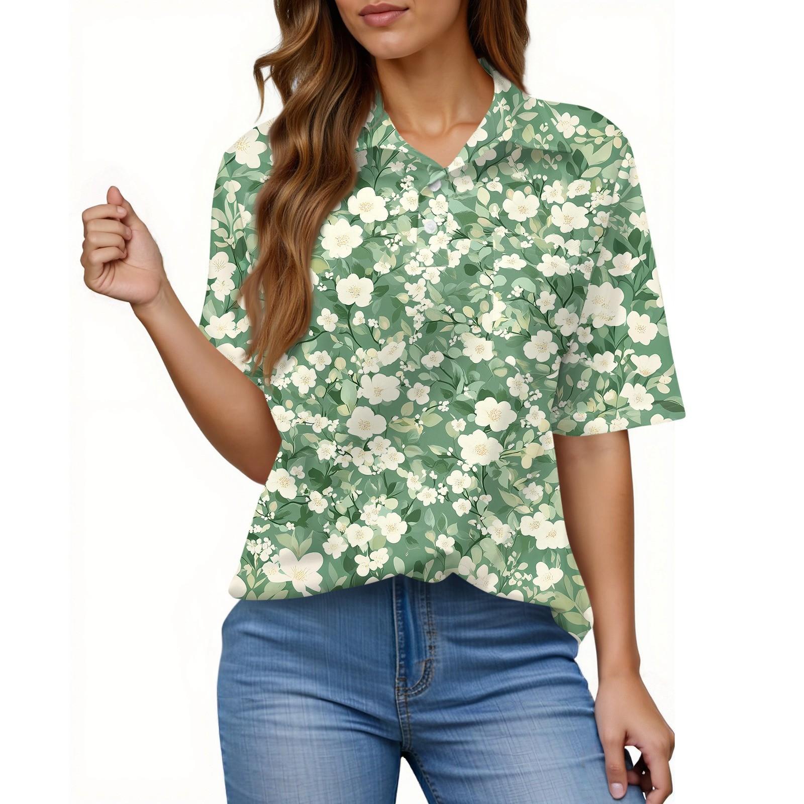 Women s Fashion Casual Button Pocket Shirt Short Sleeve Print Lapel Top L