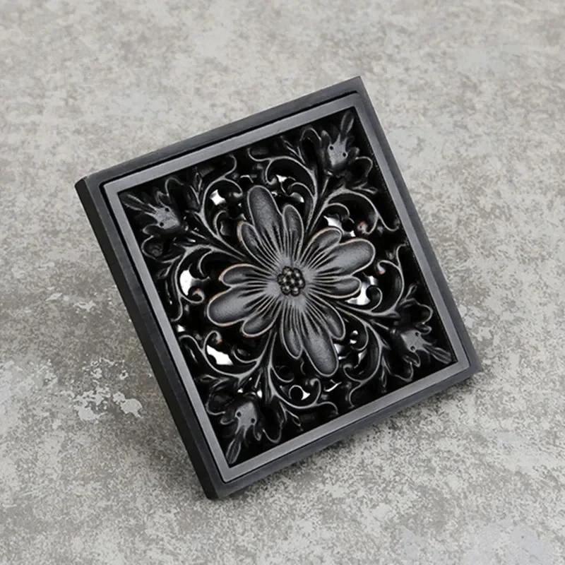

Odor proof floor drain 10X10cm square black brass shower drain filter floor cover art engraved balcony bathroom accessories