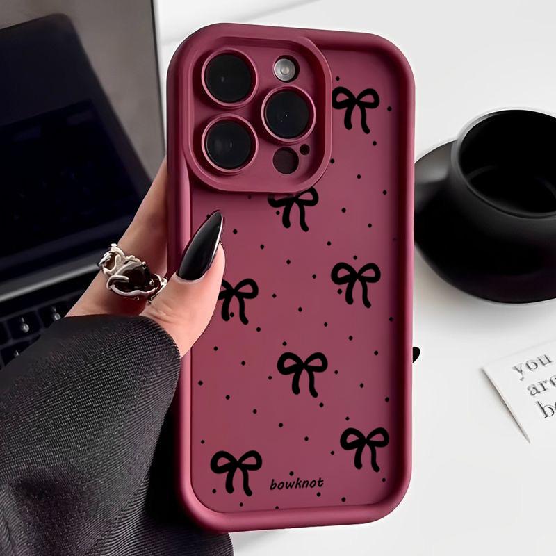 

Черный мягкий чехол TPU с принтом банта для iPhone 16 Pro Max 15 Pro 14 13 12 11 XR XS 8 7, защита объектива, противоударный матовый чехол для телефона iPhone 7 / 8 вино красного
