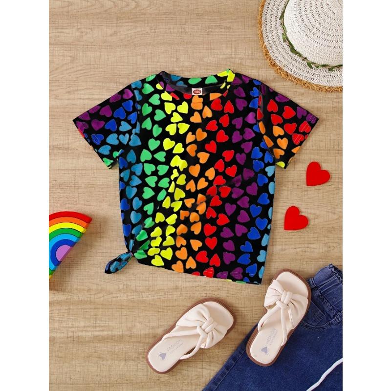 

Girls Short Sleeve T-Shirt with Colorful Heart Pattern 100