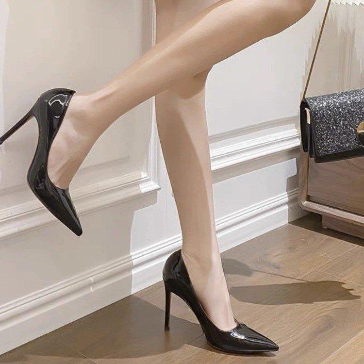 2025 Black Patent Leather Red-soled High Heels Pointed Head Shallow Mouth Stiletto High-end Sexy Single Shoes Night Work Shoes