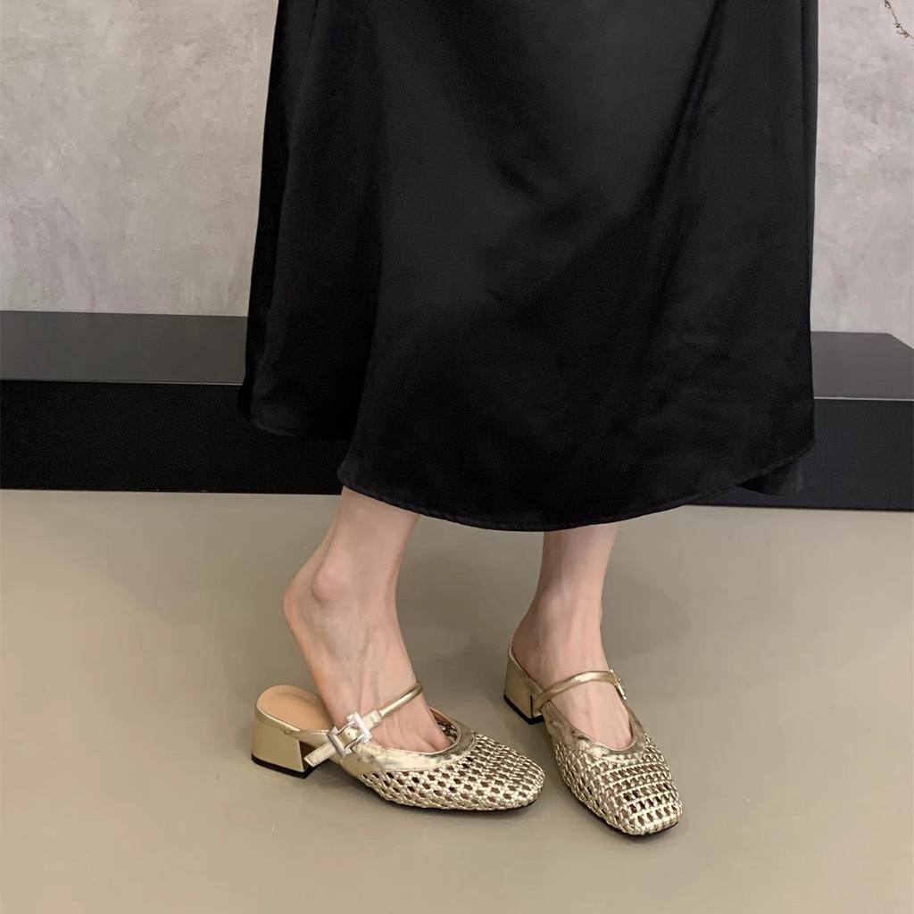 Französische handgewebte ausgehöhlte Pantoletten mit dickem Absatz Baotou halbe Hausschuhe Kinder tragen Sommer neue Mary Jane Sandalen